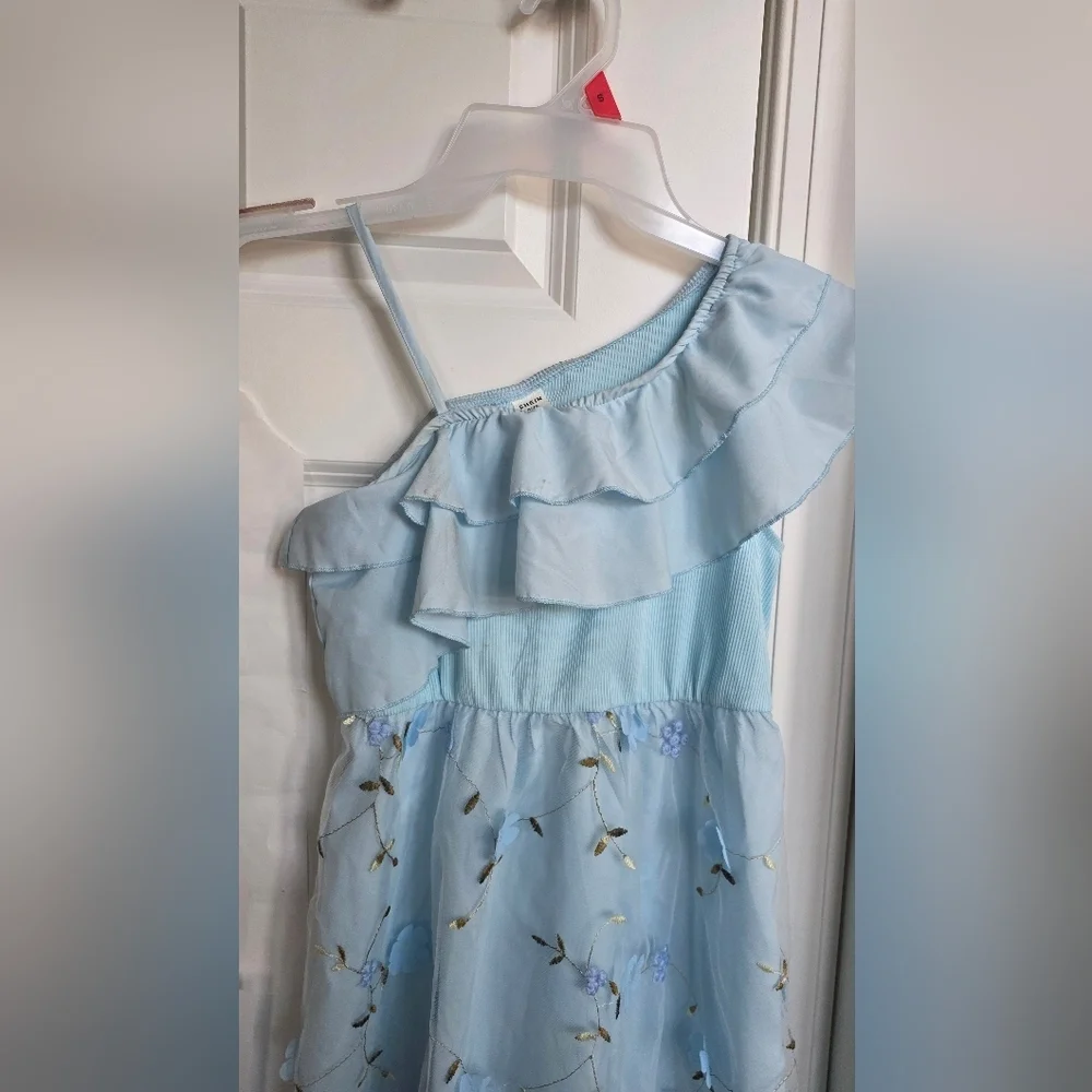 Girls Light Blue One Shoulder Ruffle Embroidered Mesh Dress 9Y